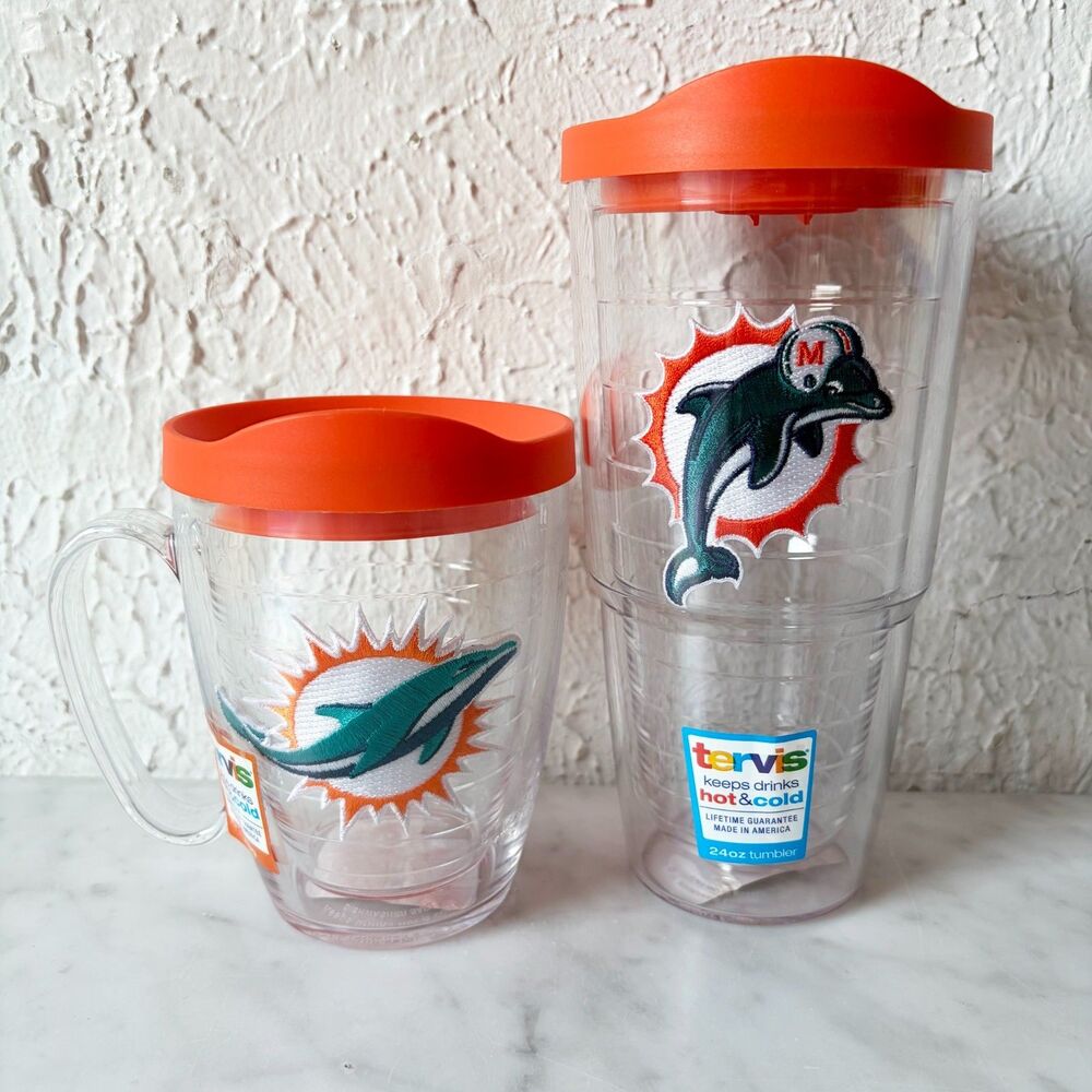 Miami Dolphins Tervis 24 oz Tumbler & Handled Mug Embroidered Logo Orange Lids